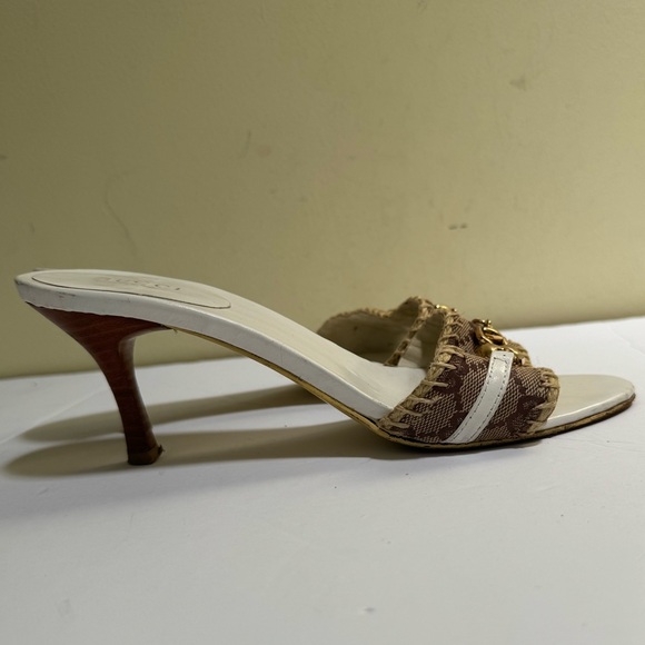 Gucci GG Horsebit Leather Canvas Open Toe Mules Slides Sandals Heels Neutral 36 - Picture 2 of 15